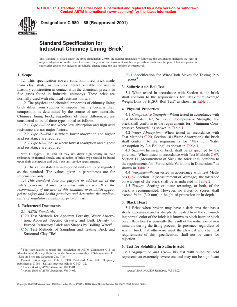 ASTM C980-88(2001) - Standard Specification for Industrial Chimney Lining Brick