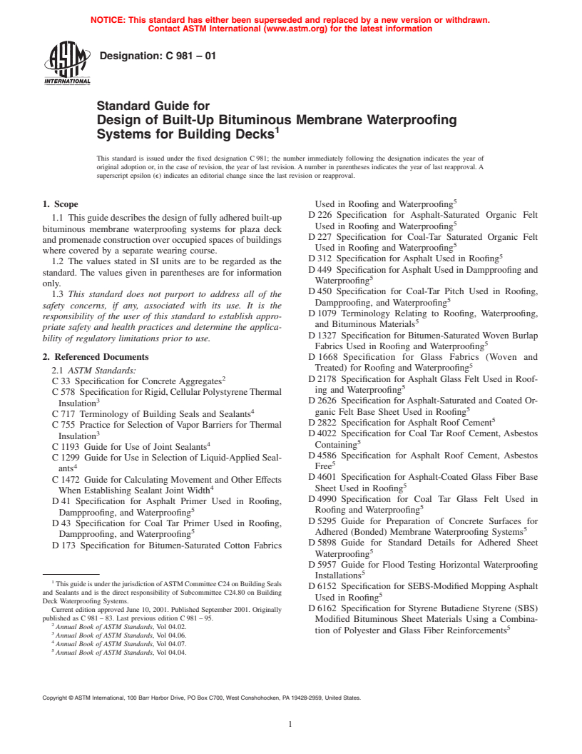 ASTM C981-01 - Standard Guide for Design of Built-Up Bituminous Membrane Waterproofing Systems for Building Decks