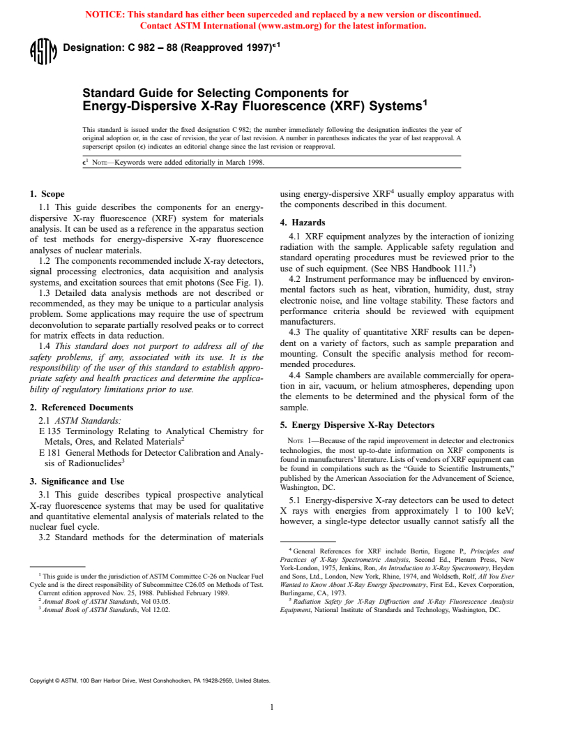 ASTM C982-88(1997)e1 - Standard Guide for Selecting Components for Energy-Dispersive X-Ray Fluorescence (XRF) Systems