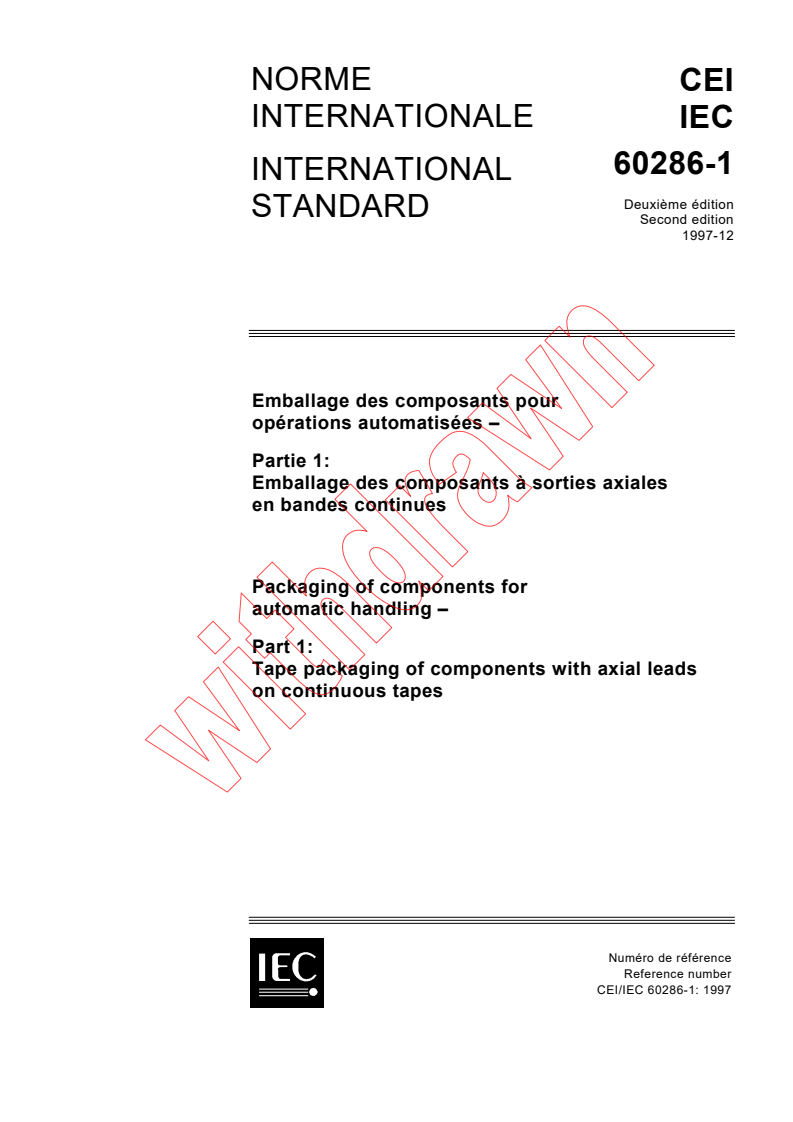 IEC 60286-1:1997 - Packaging of components for automatic handling - Part 1: Tape packaging of components with axial leads on continuous tapes
Released:11/28/1997
Isbn:2831841615