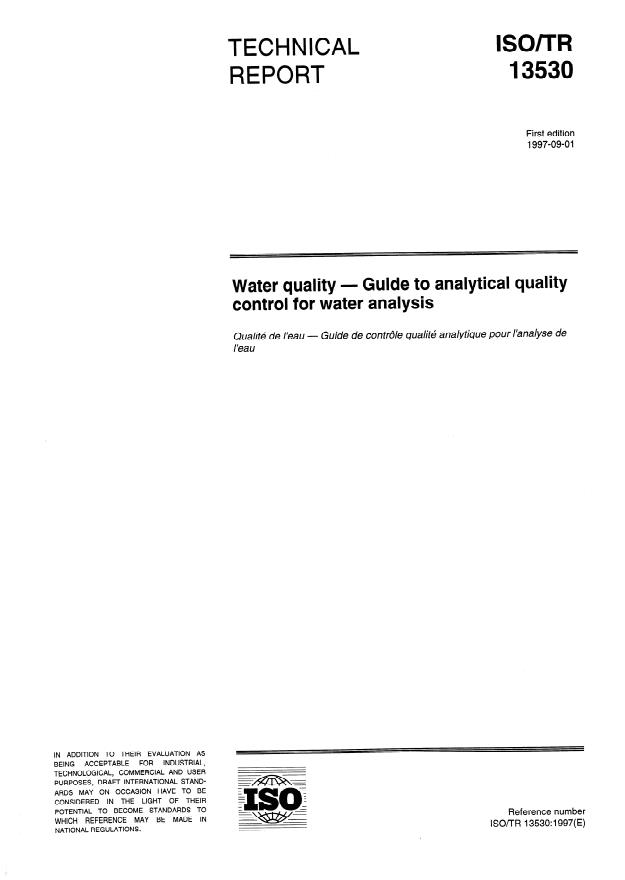 ISO/TR 13530:1997 - Water quality -- Guide to analytical quality control for water analysis