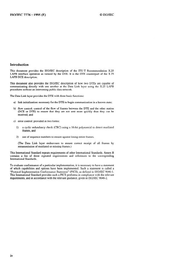 ISO/IEC 7776:1995 ISO/IEC 7776:1995 - Information technology -- Telecommunications and information exchange between systems -- High-level data link control procedures -- Description of the X.25 LAPB-compatible DTE data link procedures - Page 4 preview
