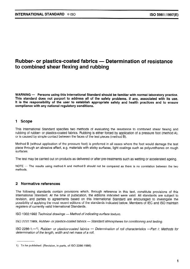 ISO 5981:1997 - Rubber- or plastics-coated fabrics -- Determination of resistance to combined shear flexing and rubbing