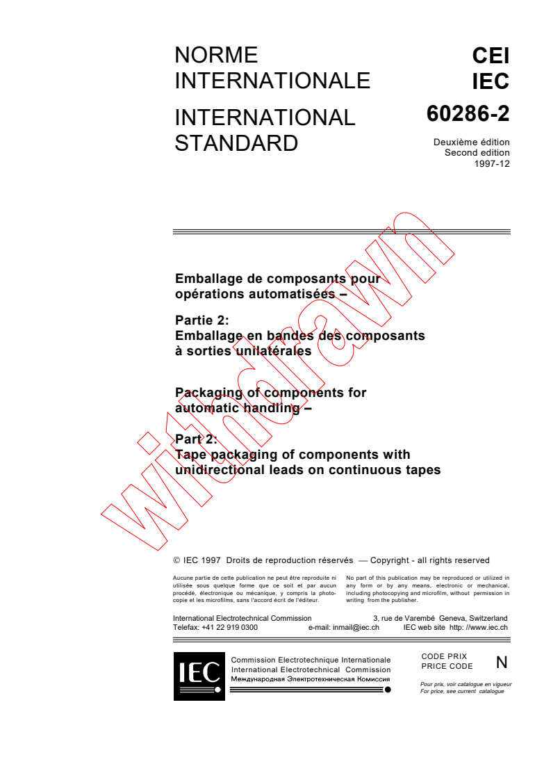 IEC 60286-2:1997 - Packaging of components for automatic handling - Part 2: Tape packaging of components with unidirectional leads on continuous tapes
Released:12/22/1997
Isbn:2831842050