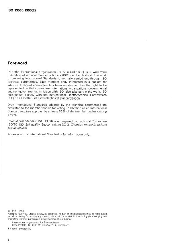 ISO 13536:1995 ISO 13536:1995 - Soil quality -- Determination of the potential cation exchange capacity and exchangeable cations using barium chloride solution buffered at pH = 8,1 - Page 2 preview