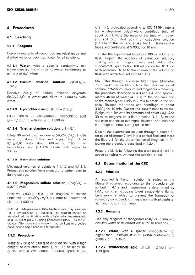 ISO 13536:1995 ISO 13536:1995 - Soil quality -- Determination of the potential cation exchange capacity and exchangeable cations using barium chloride solution buffered at pH = 8,1 - Page 4 preview