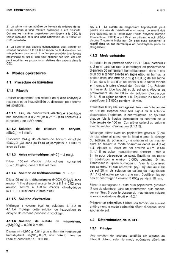 ISO 13536:1995 ISO 13536:1995 - Qualité du sol -- Détermination de la capacité d'échange cationique potentielle et des teneurs en cations échangeables en utilisant une solution tampon de chlorure de baryum a pH = 8,1 - Page 4 preview