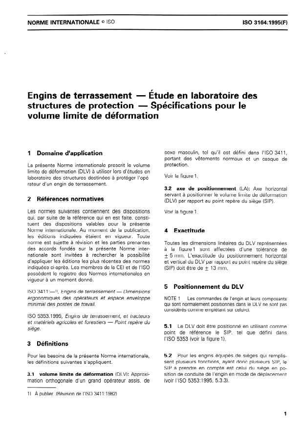 ISO 3164:1995 - Engins de terrassement -- Étude en laboratoire des structures de protection -- Spécifications pour le volume limite de déformation