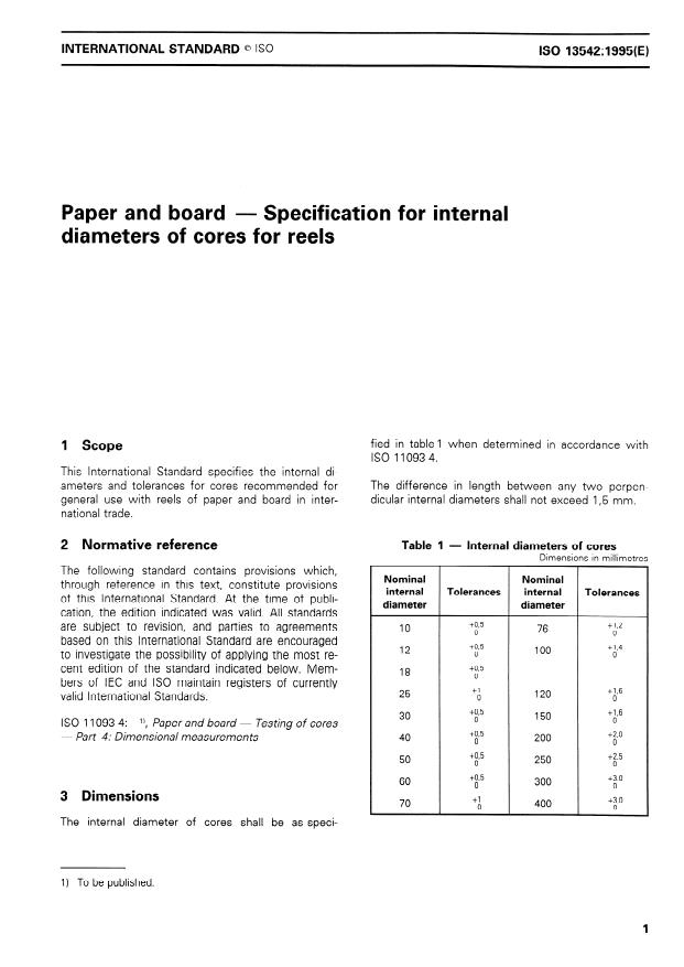 ISO 13542:1995 - Paper and board -- Specification for internal diameters of cores for reels