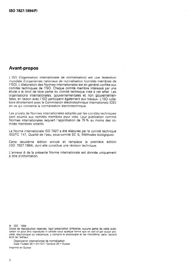 ISO 7827:1994 ISO 7827:1994 - Qualité de l'eau -- Évaluation en milieu aqueux de la biodégradabilité aérobie "ultime" des composés organiques -- Méthode par analyse du carbone organique dissous (COD) - Page 2 preview