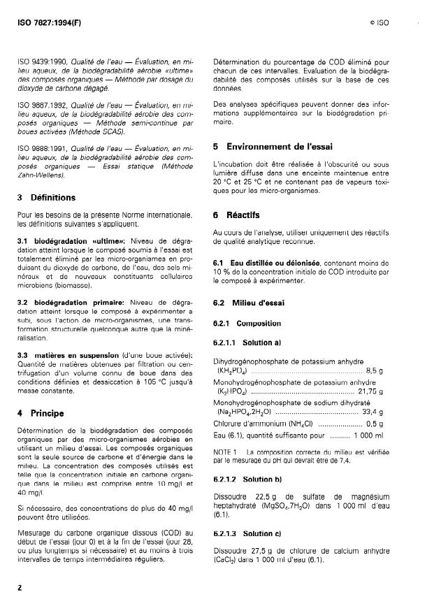 ISO 7827:1994 ISO 7827:1994 - Qualité de l'eau -- Évaluation en milieu aqueux de la biodégradabilité aérobie "ultime" des composés organiques -- Méthode par analyse du carbone organique dissous (COD) - Page 4 preview