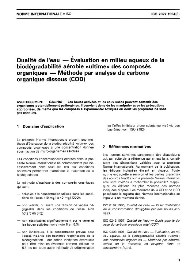 ISO 7827:1994 - Qualité de l'eau -- Évaluation en milieu aqueux de la biodégradabilité aérobie "ultime" des composés organiques -- Méthode par analyse du carbone organique dissous (COD)