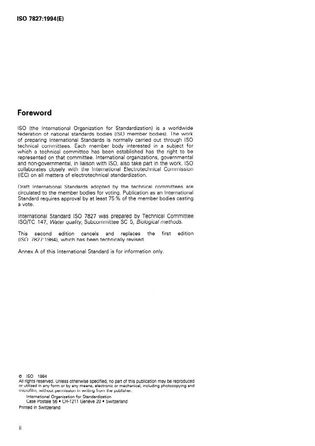 ISO 7827:1994 ISO 7827:1994 - Water quality -- Evaluation in an aqueous medium of the "ultimate" aerobic biodegradability of organic compounds -- Method by analysis of dissolved organic carbon (DOC) - Page 2 preview