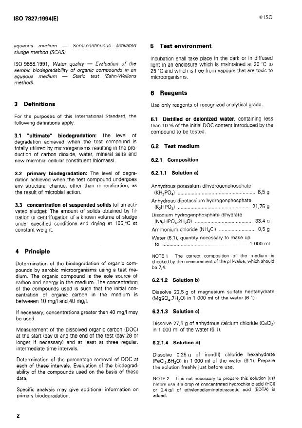 ISO 7827:1994 ISO 7827:1994 - Water quality -- Evaluation in an aqueous medium of the "ultimate" aerobic biodegradability of organic compounds -- Method by analysis of dissolved organic carbon (DOC) - Page 4 preview