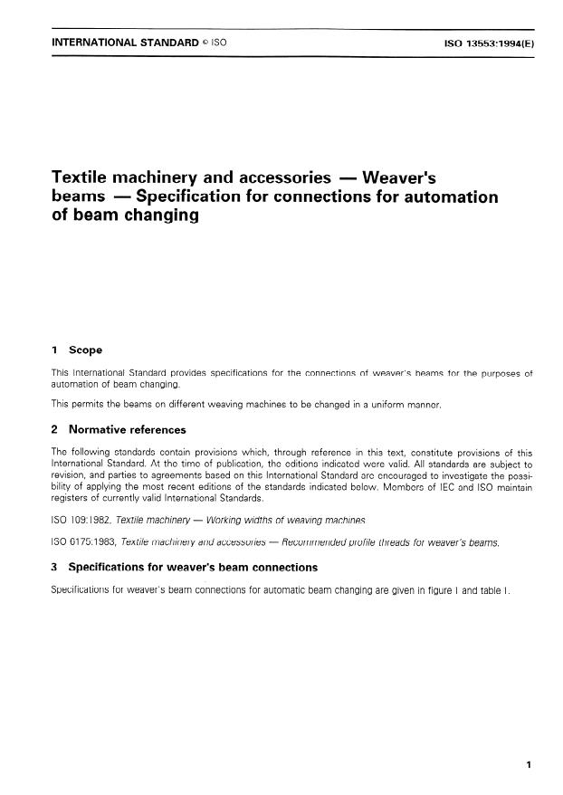 ISO 13553:1994 - Textile machinery and accessories -- Weaver's beams -- Specification for connections for automation of beam changing