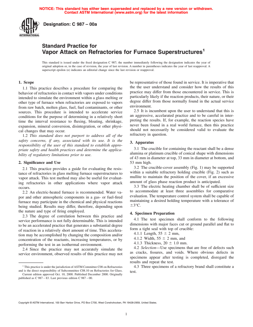 ASTM C987-00a - Standard Practice for Vapor Attack on Refractories for Furnace Superstructures