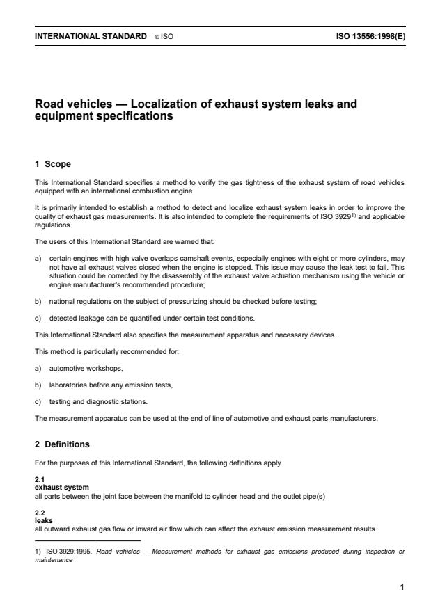 ISO 13556:1998 - Road vehicles -- Localization of exhaust system leaks and equipment specifications