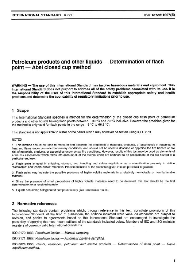 ISO 13736:1997 - Petroleum products and other liquids -- Determination of flash point -- Abel closed cup method