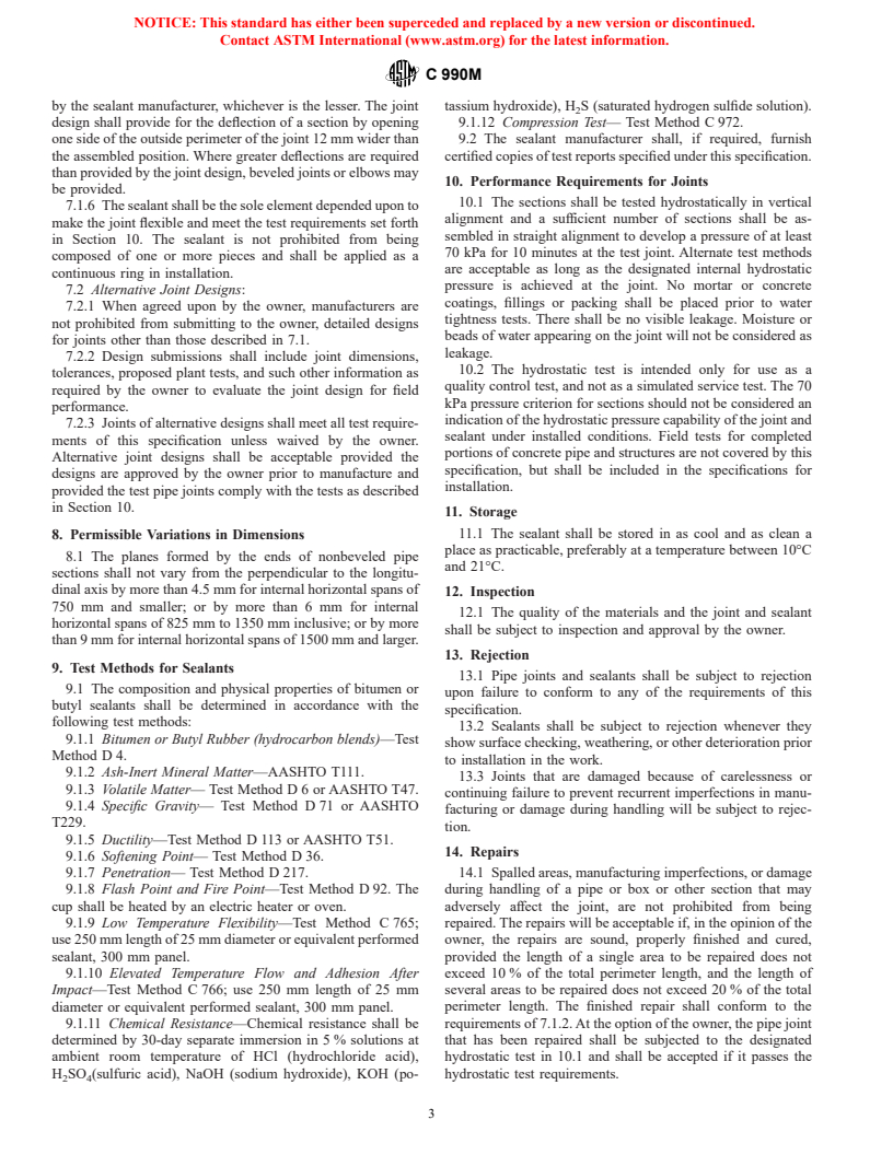 ASTM C990M-01a - Standard Specification for Joints for Concrete Pipe, Manholes, and Precast Box Sections Using Preformed Flexible Joint Sealants (Metric)