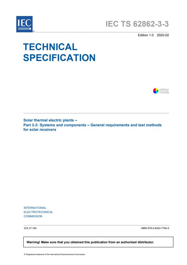 IEC TS 62862-3-3:2020 - Solar thermal electric plants - Part 3-3: Systems and components - General requirements and test methods for solar receivers