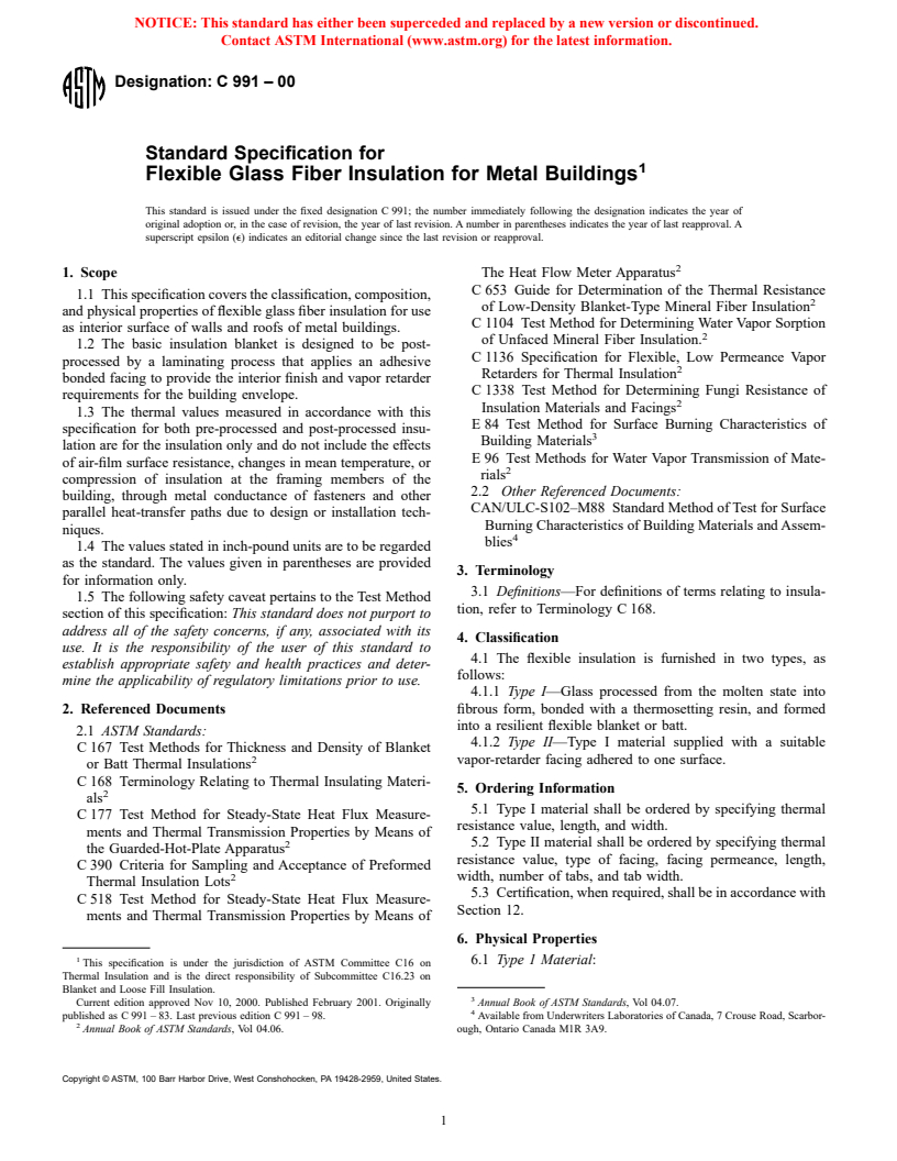 ASTM C991-00 - Standard Specification for Flexible Glass Fiber Insulation for Metal Buildings