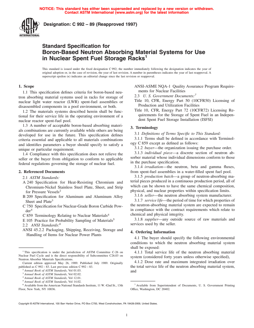 ASTM C992-89(1997) - Standard Specification for Boron-Based Neutron Absorbing Material Systems for Use in Nuclear Spent Fuel Storage Racks