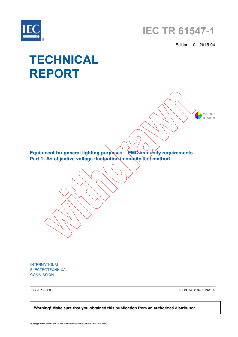 IEC TR 61547-1:2015 - Equipment for general lighting purposes - EMC immunity requirements - Part 1: An objective voltage fluctuation immunity test method
Released:4/29/2015
Isbn:9782832226490