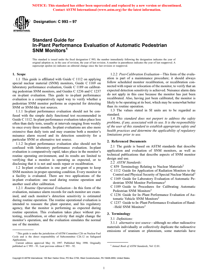 ASTM C993-97 - Standard Guide for In-Plant Performance Evaluation of Automatic Pedestrian SNM Monitors