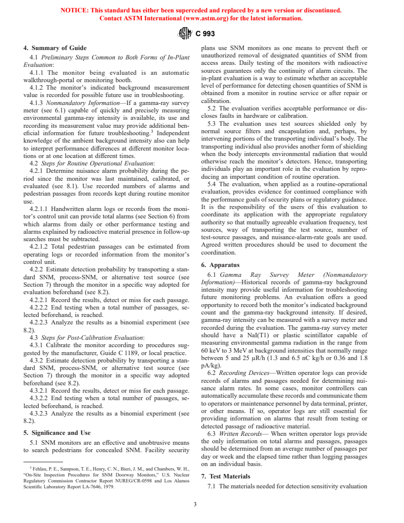 ASTM C993-97 - Standard Guide for In-Plant Performance Evaluation of Automatic Pedestrian SNM Monitors