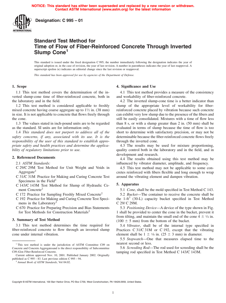 ASTM C995-01 - Standard Test Method for Time of Flow of Fiber-Reinforced Concrete Through Inverted Slump Cone (Withdrawn 2008)