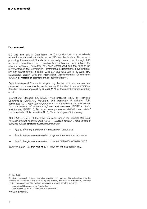 ISO 13565-1:1996 ISO 13565-1:1996 - Geometrical Product Specifications (GPS) -- Surface texture: Profile method; Surfaces having stratified functional properties - Page 2 preview