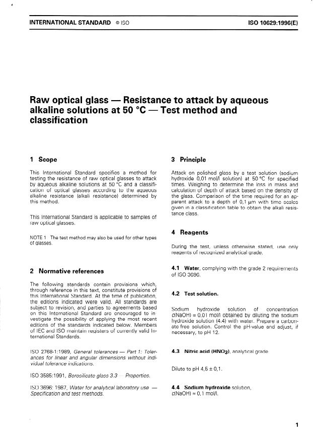ISO 10629:1996 - Raw optical glass -- Resistance to attack by aqueous alkaline solutions at 50 degrees C -- Test method and classification