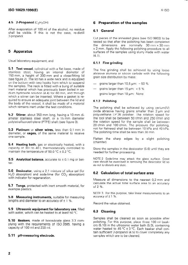 ISO 10629:1996 ISO 10629:1996 - Raw optical glass -- Resistance to attack by aqueous alkaline solutions at 50 degrees C -- Test method and classification - Page 4 preview