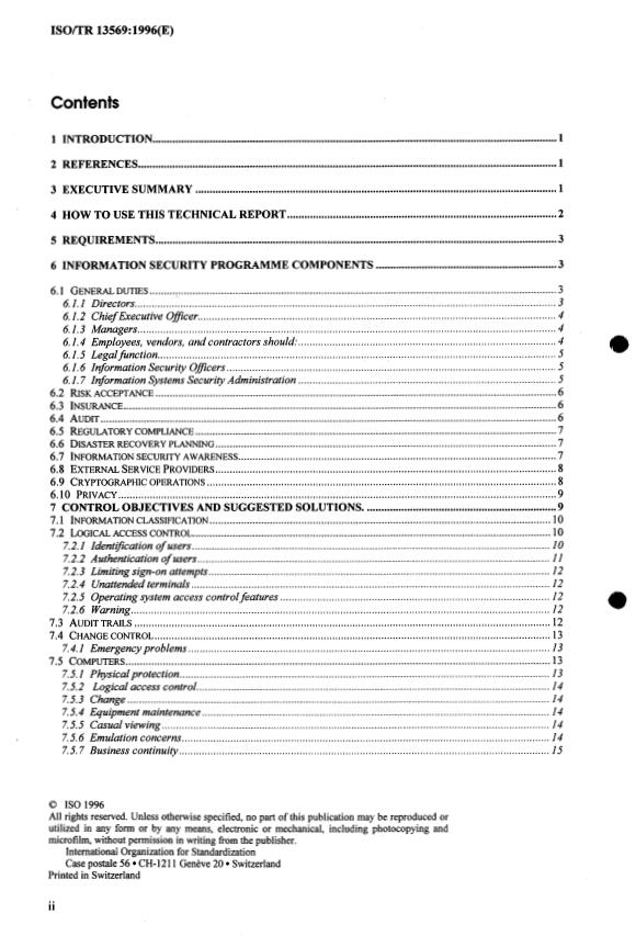 ISO/TR 13569:1996 ISO/TR 13569:1996 - Banking, securities and other financial services -- Information security guidelines - Page 2 preview