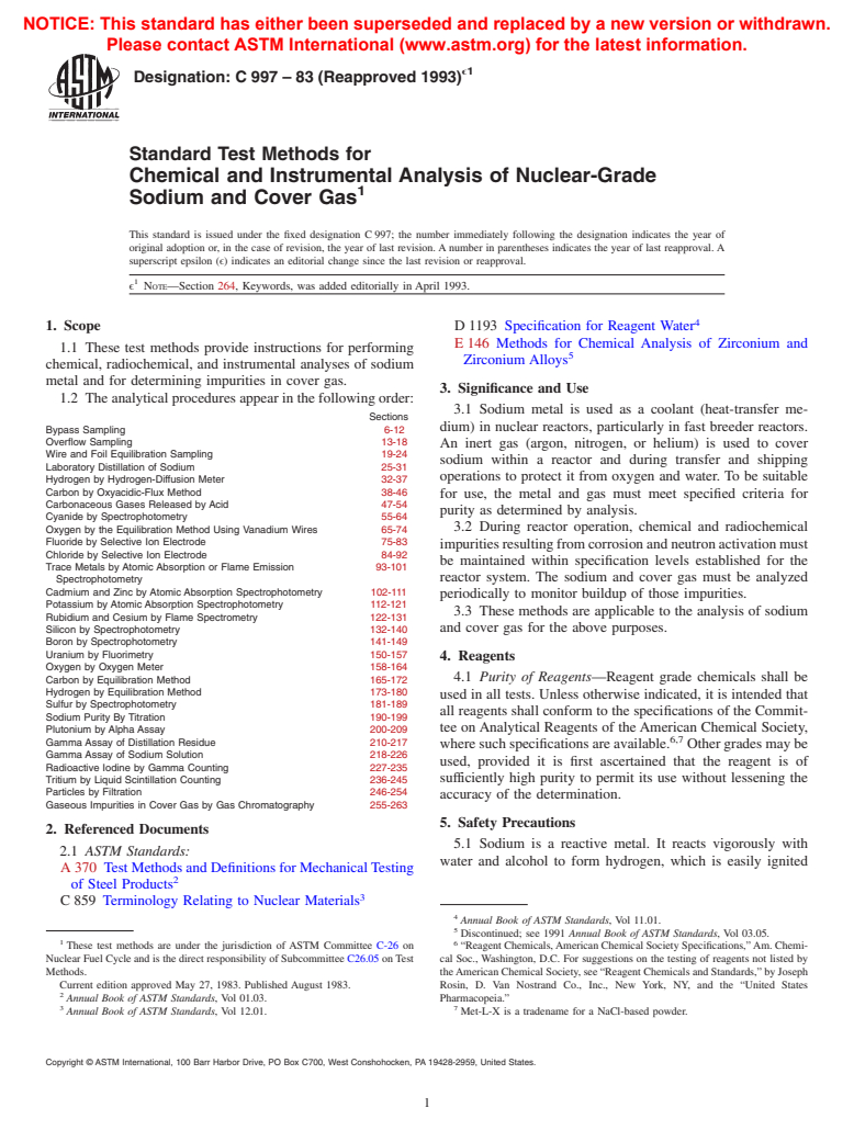 ASTM C997-83(1993)e1 - Test Methods for Chemical and Instrumental Analysis of Nuclear-Grade Sodium and Cover Gas (Withdrawn 1999)