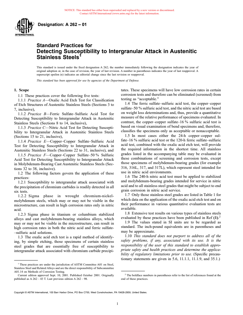 ASTM A262-01 - Standard Practices for Detecting Susceptibility to Intergranular Attack in Austenitic Stainless Steels