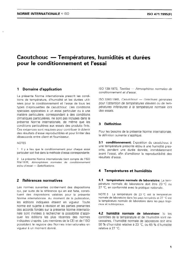 ISO 471:1995 - Caoutchouc -- Températures, humidités et durées pour le conditionnement et l'essai