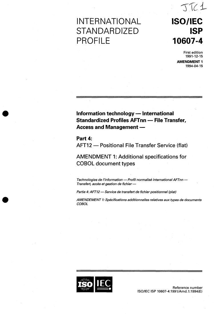 ISO/IEC ISP 10607-4:1991/Amd 1:1994 - Information technology — International Standardized Profiles AFTnn — File Transfer, Access and Management — Part 4: AFT12 — Positional File Transfer Service (Flat) — Amendment 1
Released:4/7/1994