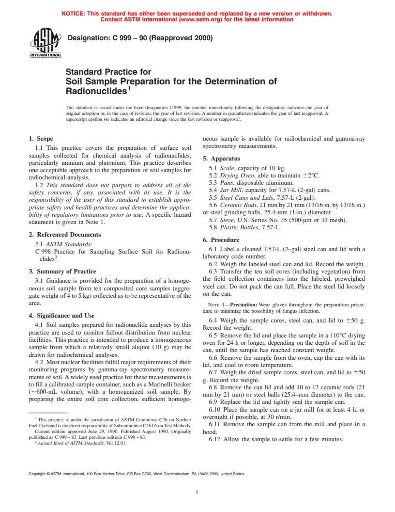 ASTM C999-90(2000) - Standard Practice for Soil Sample Preparation for the Determination of Radionuclides