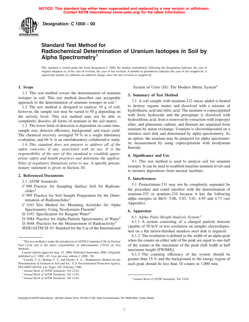 ASTM C1000-00 - Standard Test Method for Radiochemical Determination of Uranium Isotopes in Soil by Alpha Spectrometry