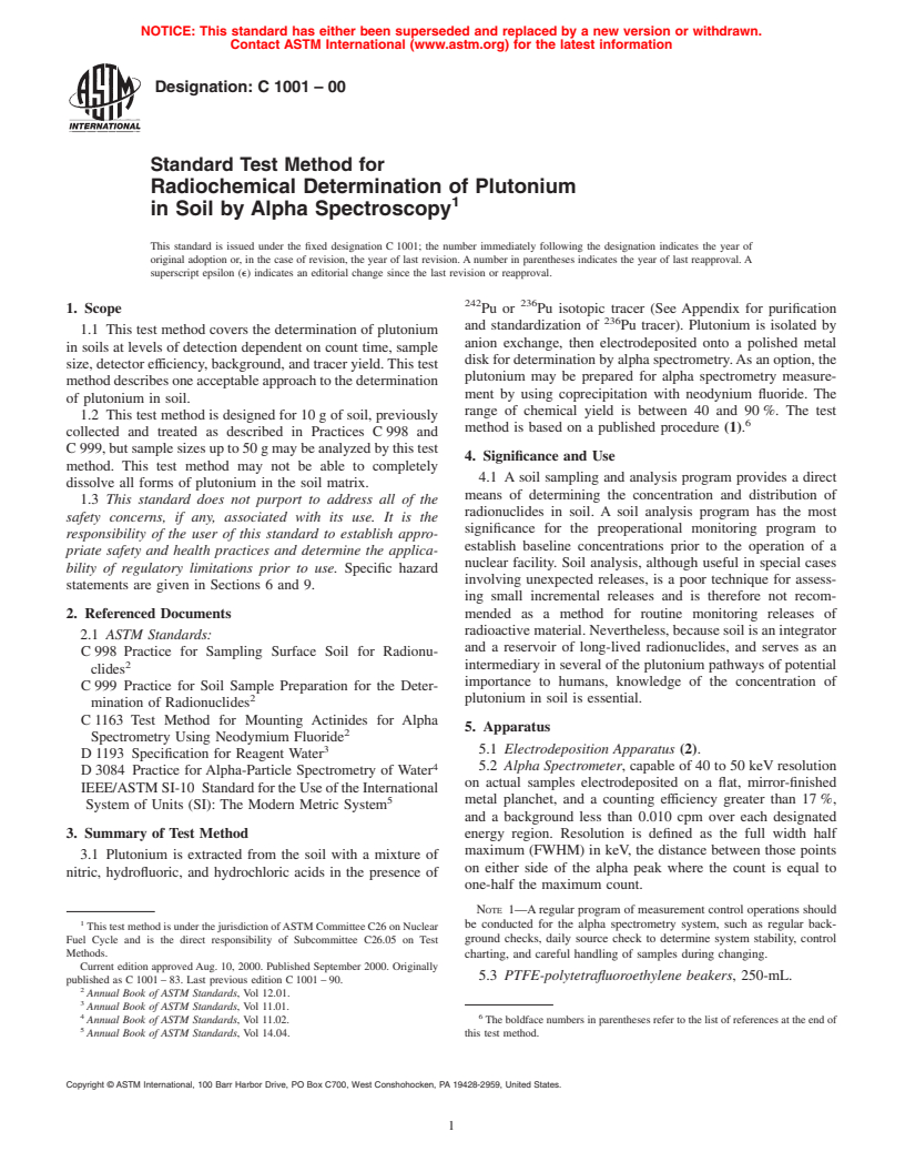 ASTM C1001-00 - Standard Test Method for Radiochemical Determination of Plutonium in Soil by Alpha Spectroscopy