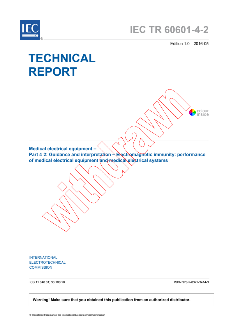 IEC TR 60601-4-2:2016 - Medical electrical equipment - Part 4-2: Guidance and interpretation - Electromagnetic immunity: performance of medical electrical equipment and medical electrical systems
Released:5/13/2016
Isbn:9782832234143