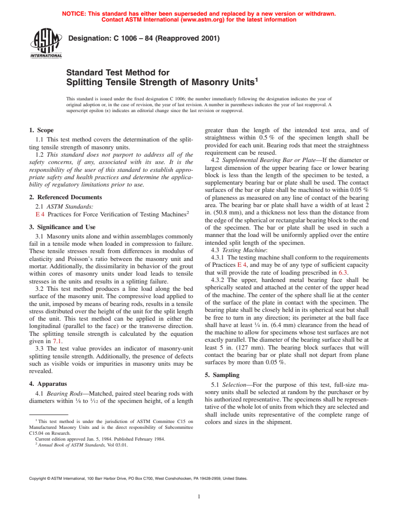 ASTM C1006-84(2001) - Standard Test Method for Splitting Tensile Strength of Masonry Units