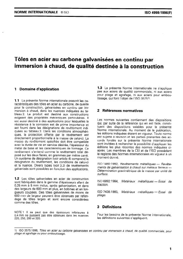 ISO 4998:1996 - Tôles en acier au carbone galvanisées en continu par immersion a chaud, de qualité destinée a la construction