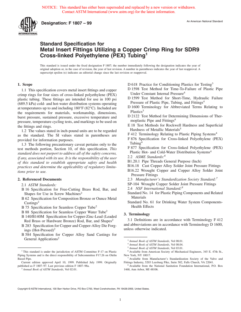 ASTM F1807-99 - Standard Specification for Metal Insert Fittings Utilizing a Copper Crimp Ring for SDR9 Cross-linked Polyethylene (PEX) Tubing