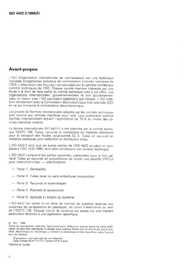 ISO 4422-2:1996 ISO 4422-2:1996 - Tubes et raccords en poly(chlorure de vinyle) non plastifié (PVC-U) pour l'adduction d'eau -- Spécifications - Page 2 preview