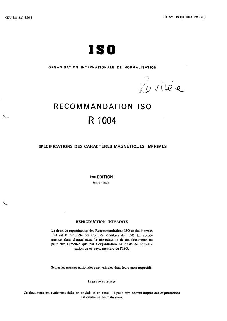ISO/R 1004:1969 - Title missing - Legacy paper document
Released:1/1/1969