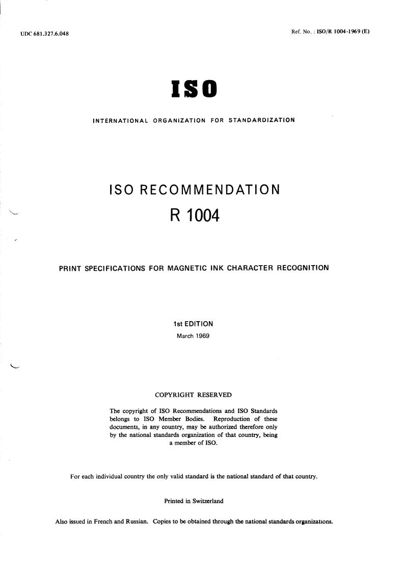 ISO/R 1004:1969 - Title missing - Legacy paper document
Released:1/1/1969