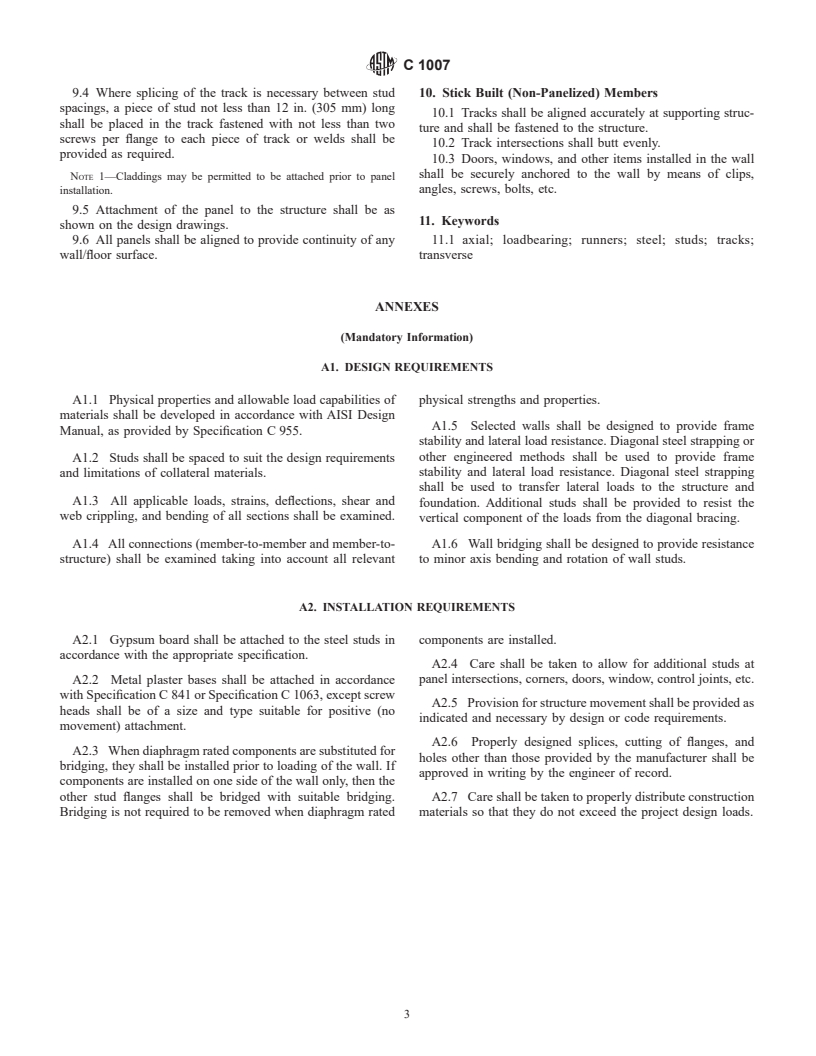 ASTM C1007-00 - Standard Specification for Installation of Load Bearing (Transverse and Axial) Steel Studs and Related Accessories