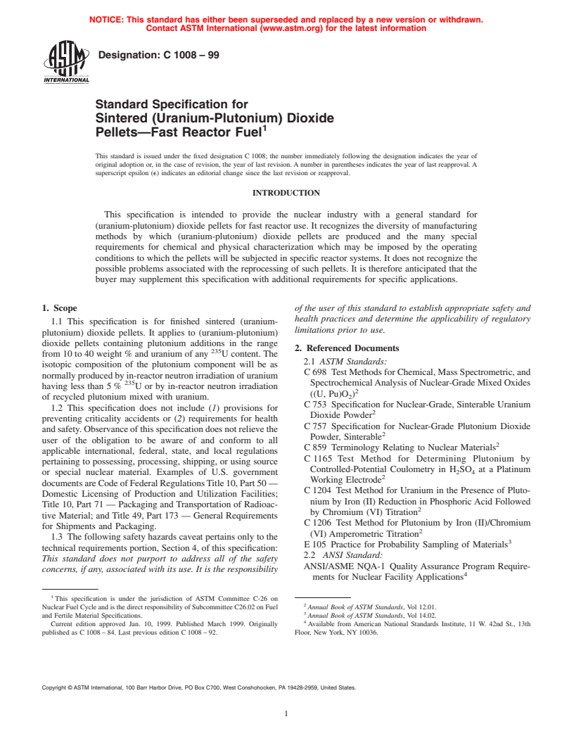 ASTM C1008-99 - Standard Specification for Sintered (Uranium-Plutonium) Dioxide Pellets-Fast Reactor Fuel